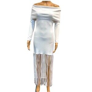 Zara Off the Shoulder Fringe Stretch Midi Dress White Women Size Small